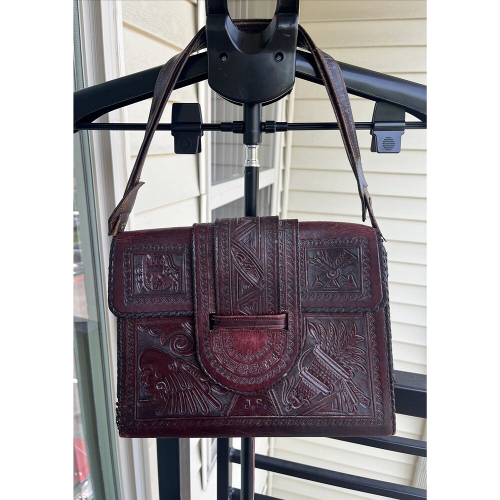 Vintage Mexican Aztec Mayan Tooled Brown Leather Handbag Purse Boho Hippie Vibe - Picture 1 of 16